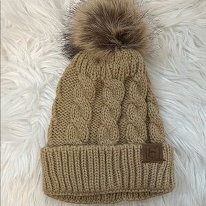 Cozy Tan Knit Pom-Pom Beanie for Kids